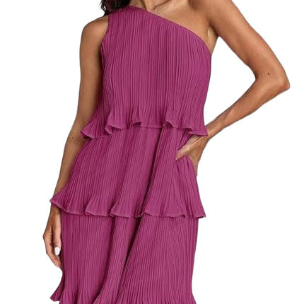 Women's Summer One Shoulder Sleeveless Ruffle Layered Chiffon Pleated Flowy Mini Dress