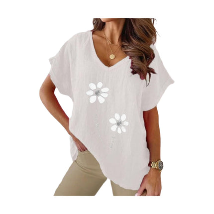 Womens Short Sleeve V Neck Shirts Asymmetrical Hem Cotton Linen Tops