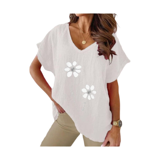 Womens Short Sleeve V Neck Shirts Asymmetrical Hem Cotton Linen Tops