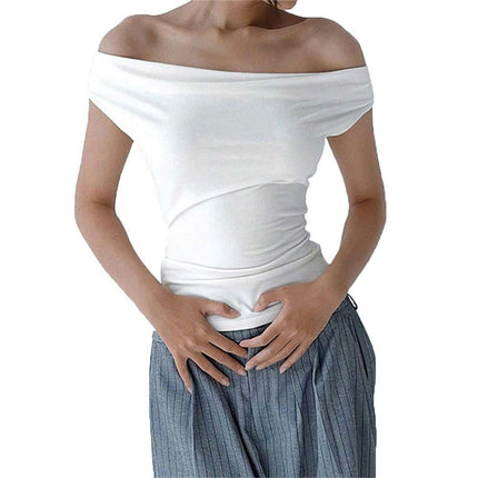 Women's Off Shoulder Cropped Tops Short Sleeve Slim Fit Backless Tie T Shirt