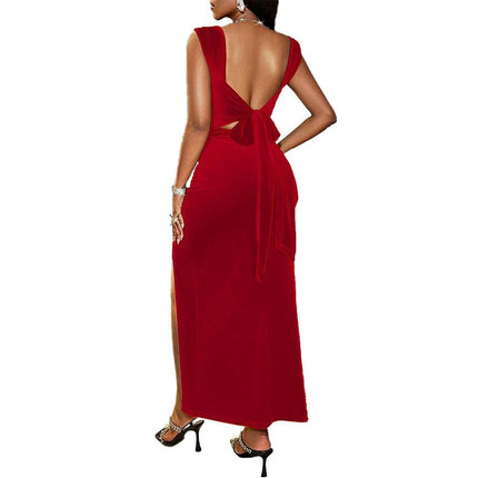 Women's Sleeveless Square Neck Bodycon Ruched Split Midi Velvet Dress Party Cocktail Club Dressess
