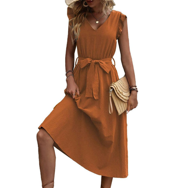 Women's Ruffle Cap Sleeve Dress V Neck Tie Waist A Line Flowy Summer Midi Dresses