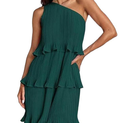 Women's Summer One Shoulder Sleeveless Ruffle Layered Chiffon Pleated Flowy Mini Dress