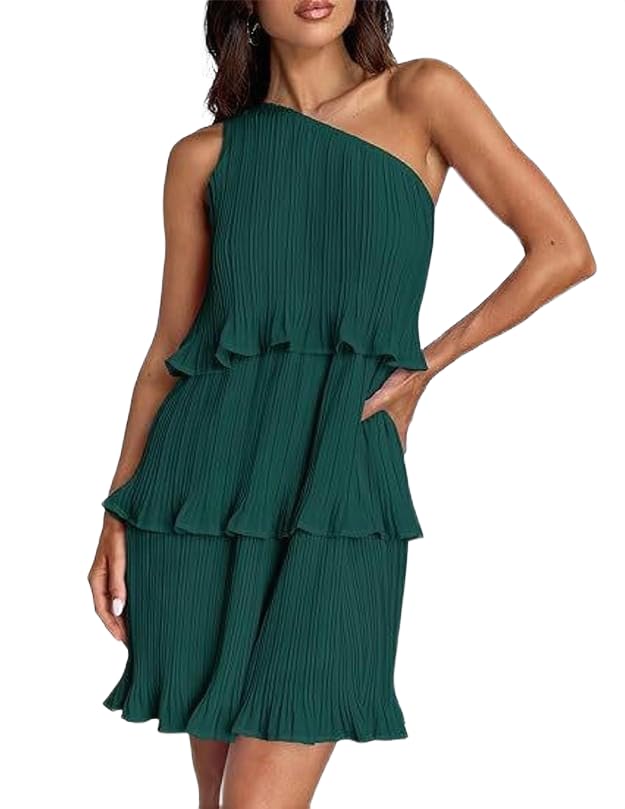 Women's Summer One Shoulder Sleeveless Ruffle Layered Chiffon Pleated Flowy Mini Dress