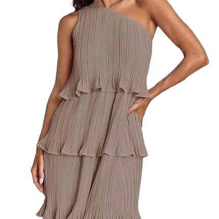 Women's Summer One Shoulder Sleeveless Ruffle Layered Chiffon Pleated Flowy Mini Dress