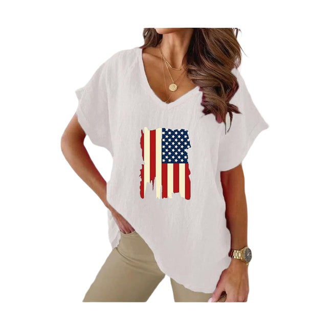 Womens Summer Short Sleeve Cotton Linen V-Neck T-Shirt Casual Loose Tops