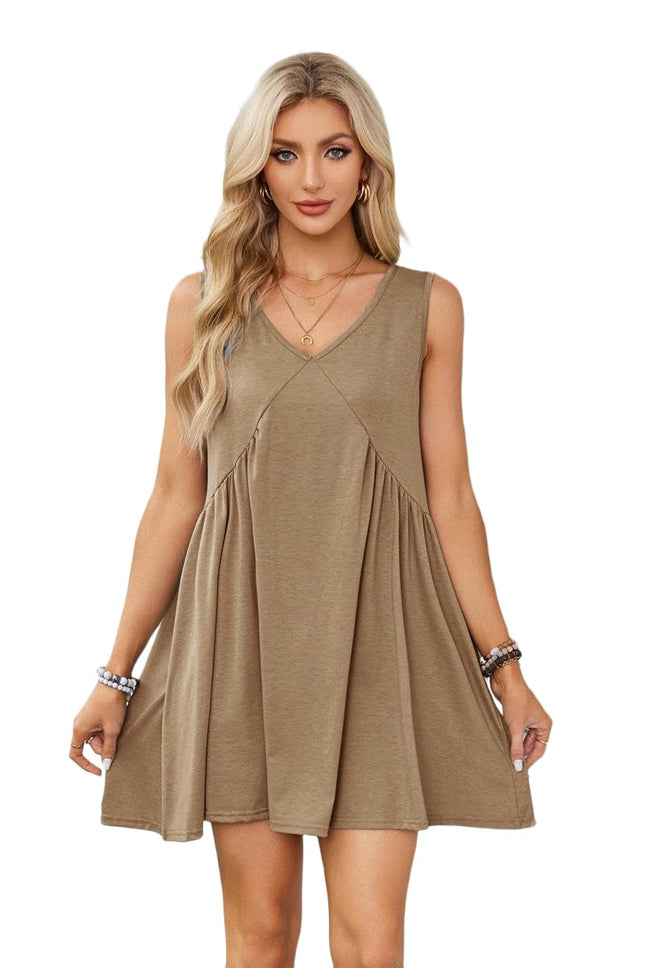 Women's Casual Summer Dress V Neck Sleeveless Loose Pleated Ruffle Flowy Dresses