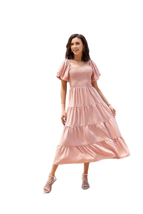 Womens Flowy Dresses Summer Puff Short Sleeve Smocked Square Neck Tiered Midi Dress