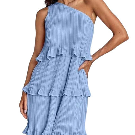 Women's Summer One Shoulder Sleeveless Ruffle Layered Chiffon Pleated Flowy Mini Dress