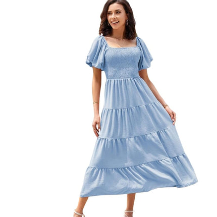 Womens Flowy Dresses Summer Puff Short Sleeve Smocked Square Neck Tiered Midi Dress
