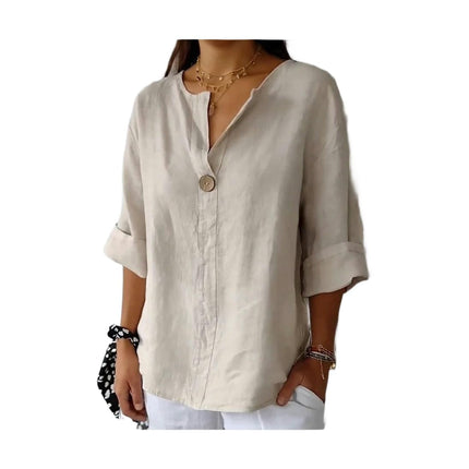 Summer Cotton Linen Tops for Women V Neck Roll Up Sleeve Shirts Casual Button Blouse