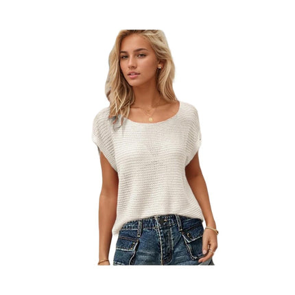 Women's Casual Hollow Out Short Sleeve T Shirts Crew Neck Knitted Tee Tops