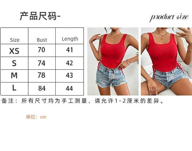 Women Square Neck Sexy Tank Tops Drawstring Ribbed Sleeveless Crop Top