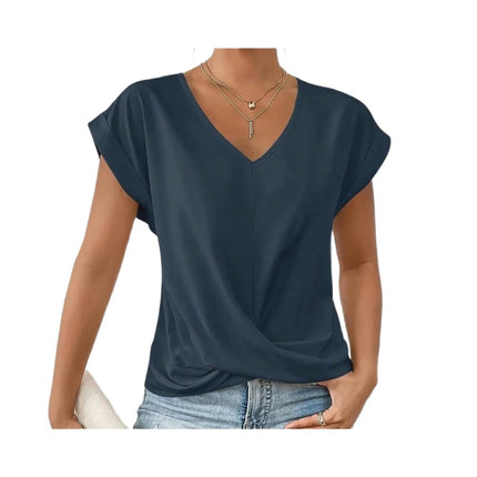 Women's V Neck Short Sleeve Twist Knot Tops Casual Loose Summer T Shirts