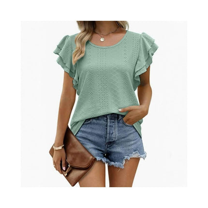 Womens Summer Tops Crewneck Ruffle Short Sleeve Casual Blouses