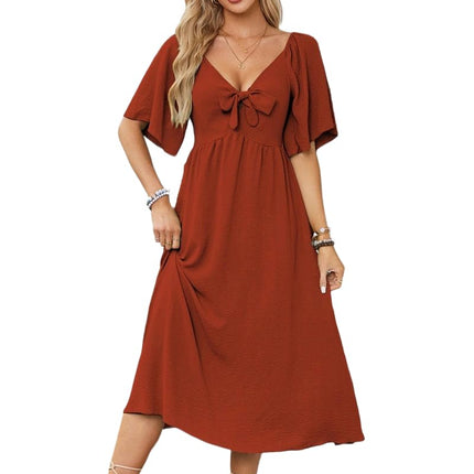 Summer Dress for Women Casual Short Sleeve Bow Tie V Neck Ruffle Midi Flowy Dresses