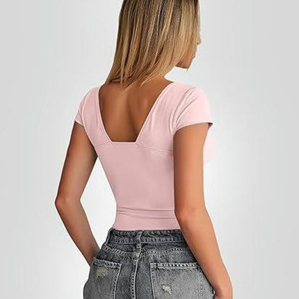 Women’s Sexy Deep V Neck Backless Crop Tops Short Sleeve Slim Fit T-Shirts
