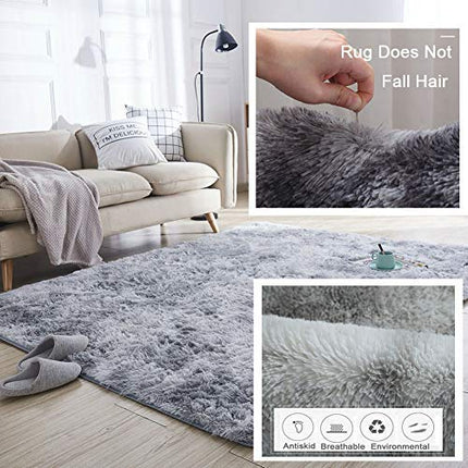 Area Rugs, Home Decor Super Soft Touch Feeling Indoor Modern Shaggy Fluffy Carpet Anti-Skid Area Rug Comfortable Memory Foam Padding for Living Room Bedroom Grey