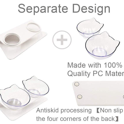 Cat Food Bowl, Double Food Water Dish Feeding Bowls for Cats and Small Dogs with Raised Stand | Non-Slip Bottom - Transparent