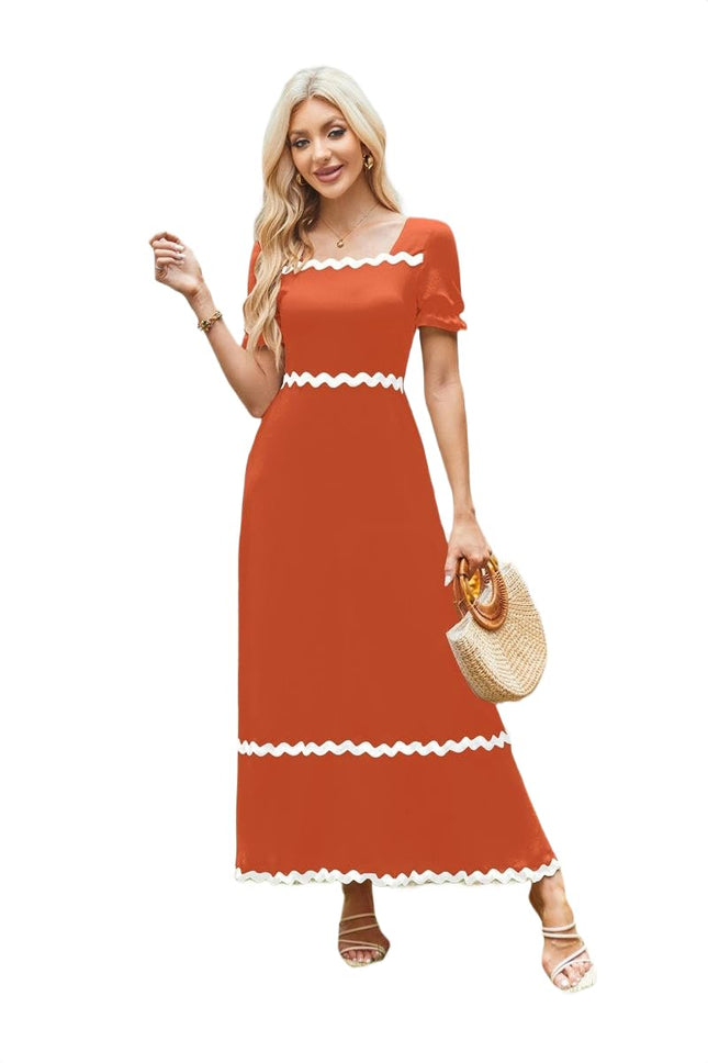 Womens Summer Dresses Square Neck Smocked Puff Short Sleeve A-Line Maxi Dress