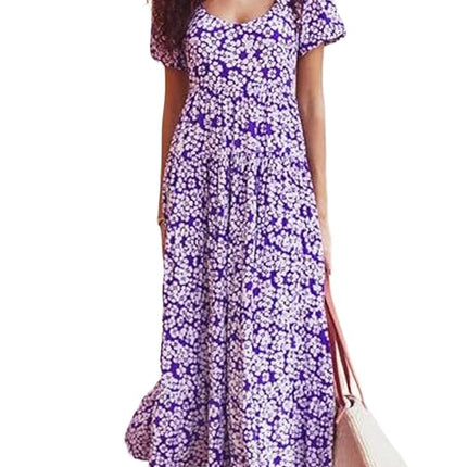 Womens Summer Scoop Neck Puff Short Sleeve Smocked Dress Ruffle Flowy Tiered A Line Maxi Dresses