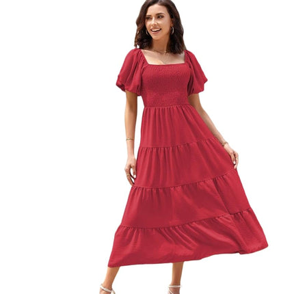 Womens Flowy Dresses Summer Puff Short Sleeve Smocked Square Neck Tiered Midi Dress