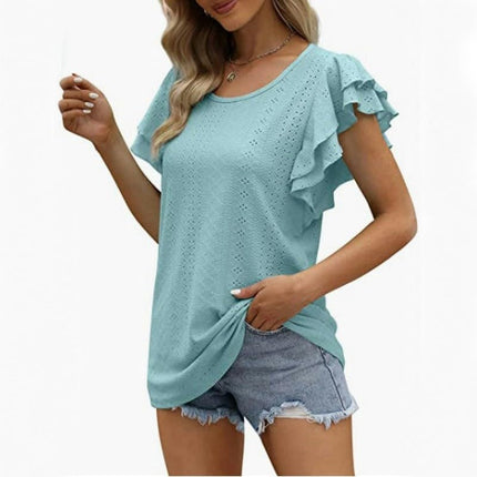 Womens Summer Tops Crewneck Ruffle Short Sleeve Casual Blouses