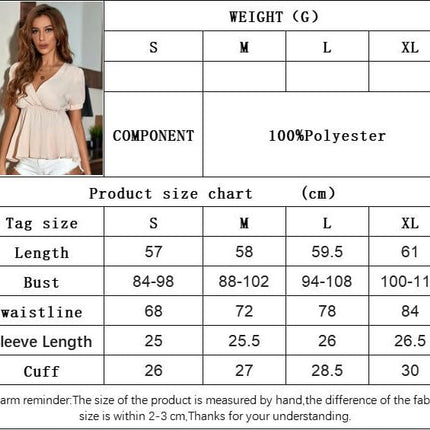 Women's Summer V Neck Tops Ruffle Hem Puff Short Sleeve Casual Shirts