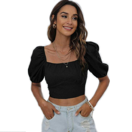 Women Lace Up Backless Slim Fit Puff Short Sleeve Crop Tops Square Neck T Shirts