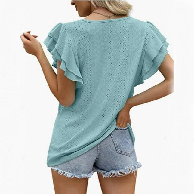 Womens Summer Tops Crewneck Ruffle Short Sleeve Casual Blouses
