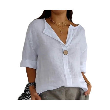 Summer Cotton Linen Tops for Women V Neck Roll Up Sleeve Shirts Casual Button Blouse