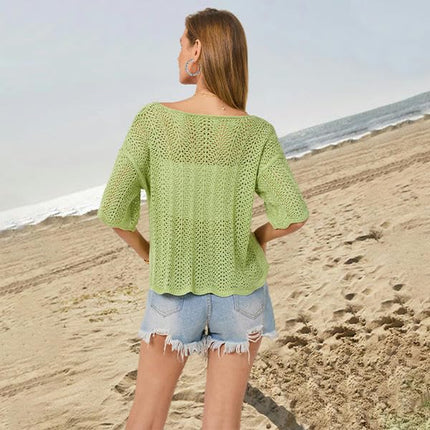 Women's Short Sleeve Knitted Tops Summer Hollow Out Shirts Crew Neck Tees Blouses