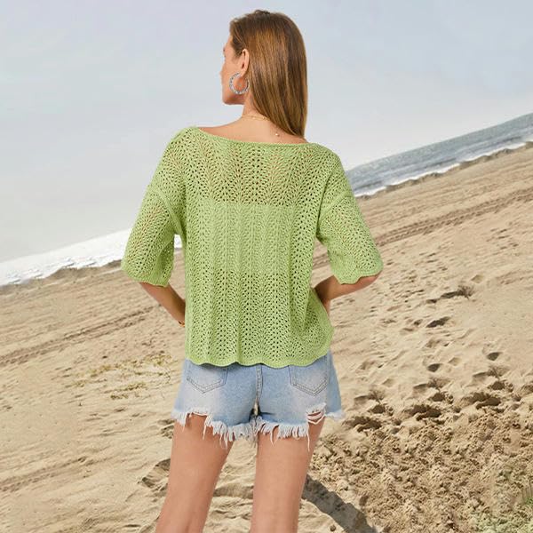 Women's Short Sleeve Knitted Tops Summer Hollow Out Shirts Crew Neck Tees Blouses