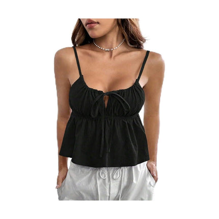 Women's Tie Front Backless Crop Top Spaghetti Strap Ruffle Hem Cami Tanks