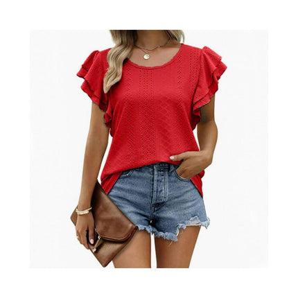 Womens Summer Tops Crewneck Ruffle Short Sleeve Casual Blouses