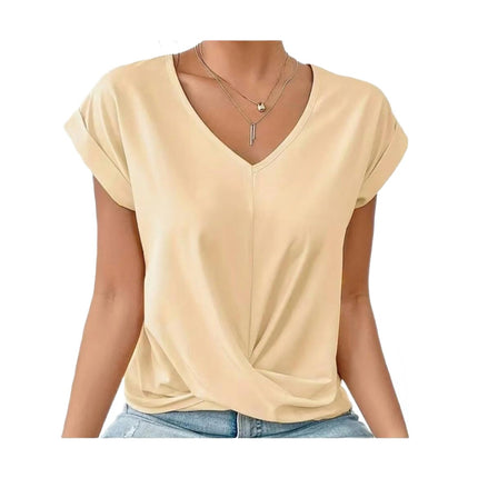 Women's V Neck Short Sleeve Twist Knot Tops Casual Loose Summer T Shirts