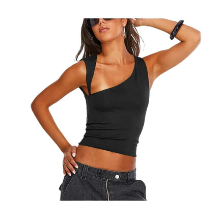Women's Sexy Sleeveless Cut Out Crop Top Asymmetrical Neck Slim Fit Tank Top