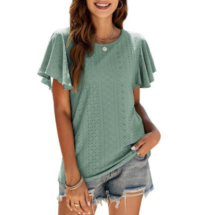Women Round Neck Ruffle Short Sleeve Tops Loose Fit T-Shirts