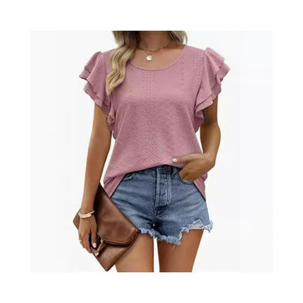 Womens Summer Tops Crewneck Ruffle Short Sleeve Casual Blouses
