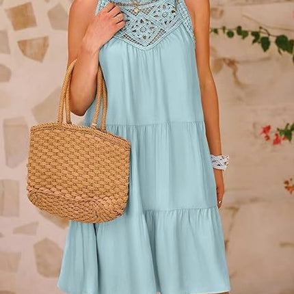 Women's Summer Halter Neck Sleeveless Mini Dress Casual Ruffle Tiered A Line Dresses
