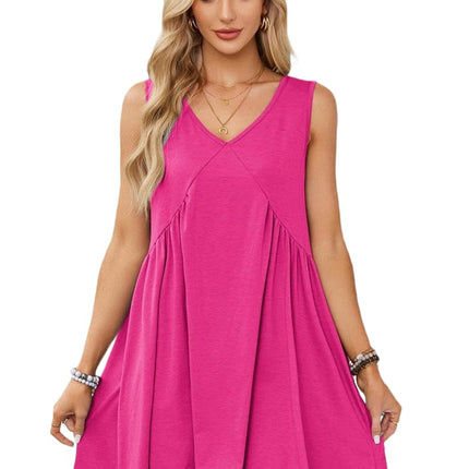 Women's Casual Summer Dress V Neck Sleeveless Loose Pleated Ruffle Flowy Dresses
