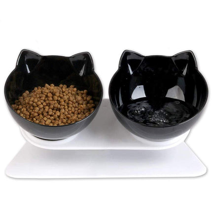 Cat Bowls with Stand, Pet Feeder Double Food Diner Bowl Set Perfect for Cats and Ultra Small Dog-Black