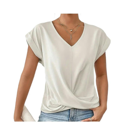 Women's V Neck Short Sleeve Twist Knot Tops Casual Loose Summer T Shirts