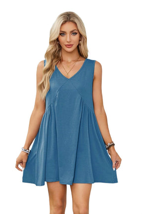 Women's Casual Summer Dress V Neck Sleeveless Loose Pleated Ruffle Flowy Dresses