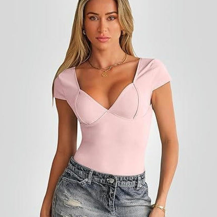 Women’s Sexy Deep V Neck Backless Crop Tops Short Sleeve Slim Fit T-Shirts