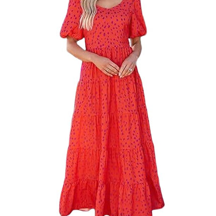 Womens Summer Scoop Neck Puff Short Sleeve Smocked Dress Ruffle Flowy Tiered A Line Maxi Dresses