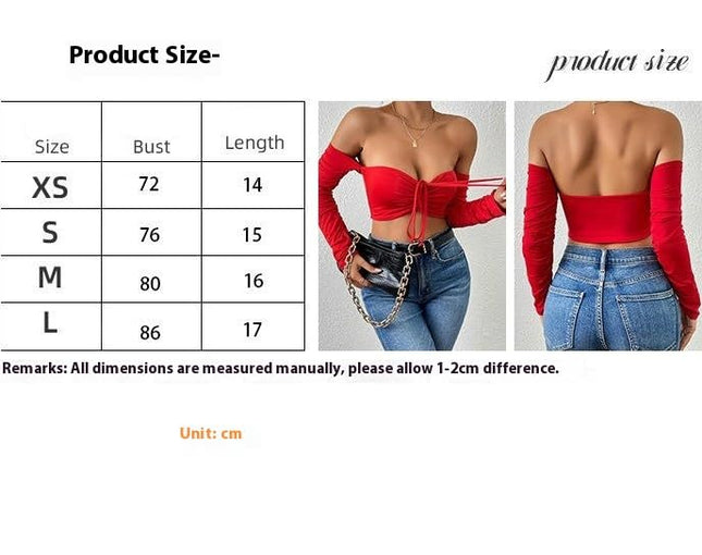 Women's Elegant Off Shoulder Long Sleeve Drawstring Crop Tube Tops Shirt