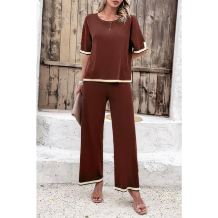Women's Summer Fashion Outfits Two Pieces Outfits Knit Short Sleeve Wide Leg pants Loun