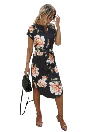 Womens Dresses Notched Neck Floral Print Belted Fit Casual Chic Lightweight Basic Summer Sundress