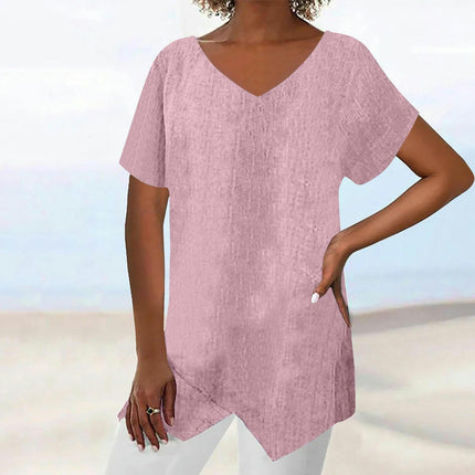 Womens Short Sleeve V Neck Shirts Asymmetrical Hem Cotton Linen Tops